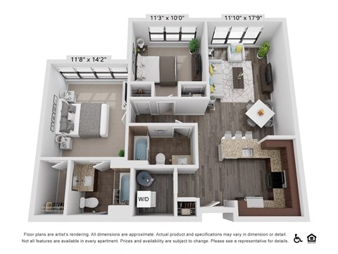 Floor plan for 2 beds, 2 baths, 978 sqft